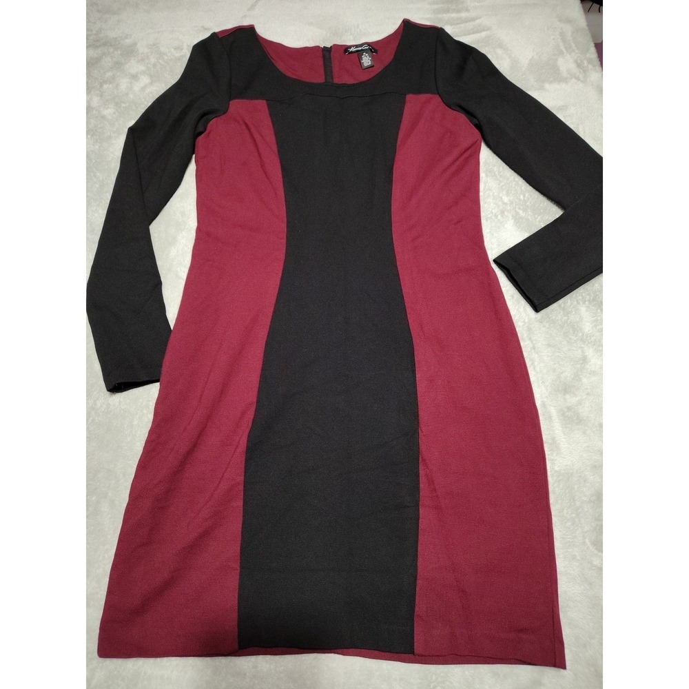 Kenneth Cole Bicolor Dress Ladies 12 Black/Burgundy Bodycon Long Sleeve Lined